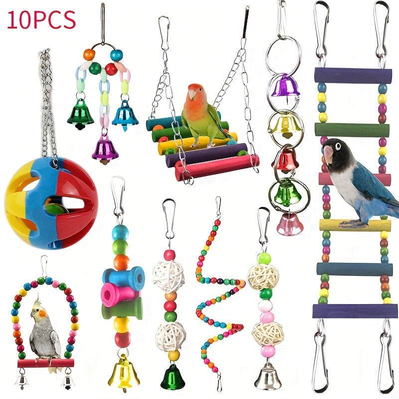 Parrot Toy Combo Set - Bird Cage Swing Perch Rod & Chewing Toys Bundle for Parrots Parakeets Cockatiels Budgies Lovebirds - Bird Cage Enrichment Accessories Assorted Colors