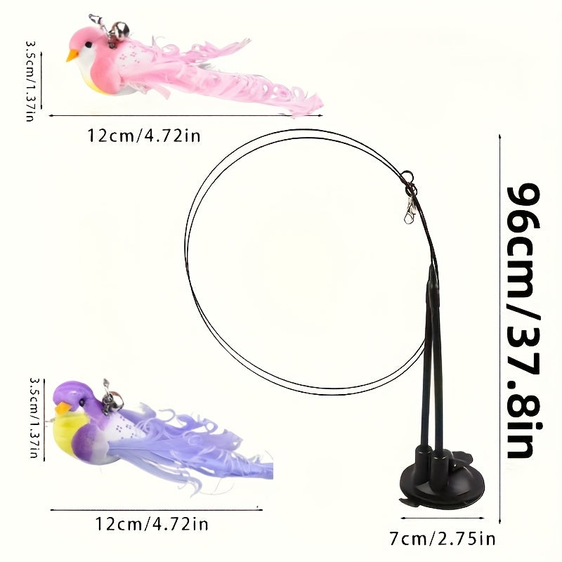 Cat Teaser Toy Set 3pc - Simulated Bird Feather Wand with Double Rod Strong Suction Cup and Bell for Interactive Training Boredom Relief - No Battery Indoor Cat Toy Nylon Feathers Random Color