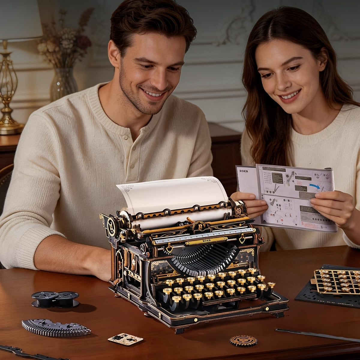 ROBOTIME 3D Wooden Mechanical Typewriter Model Kit - Vintage Retro Assembly Puzzle for Adults & Teens 14+, DIY Wood Craft Desktop Decor | Unique Gift Idea for Home Office | Black Gold & Fairy Tale Edition