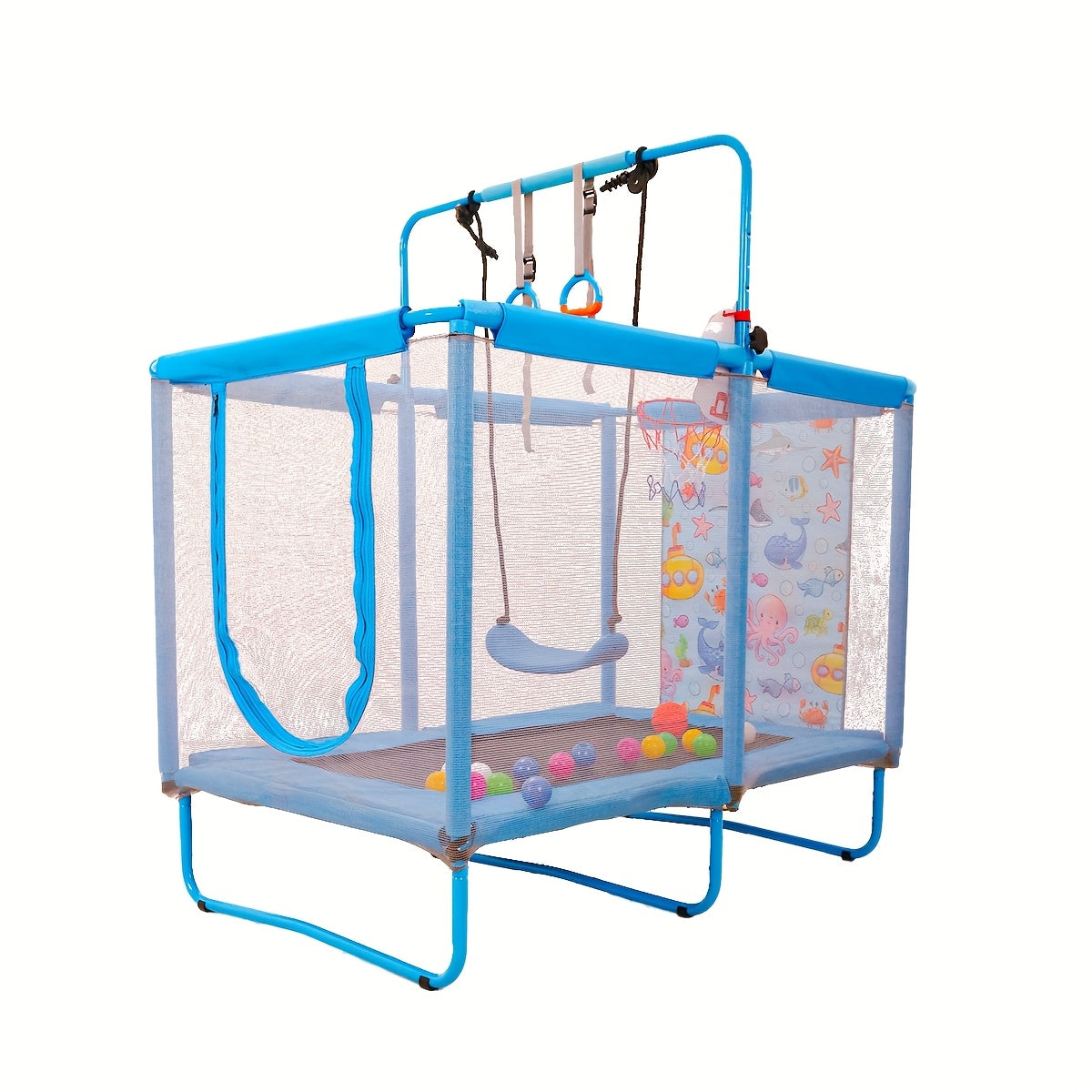 6-in-1 Kids Trampoline with Enclosure Net, Basketball Hoop, Swing, Rings & 15 Ocean Balls – 55"-58" Indoor Outdoor Rectangular Trampoline, Foam Padded Poles, W-Shaped Legs, Gift for Boys Girls Ages 3-10