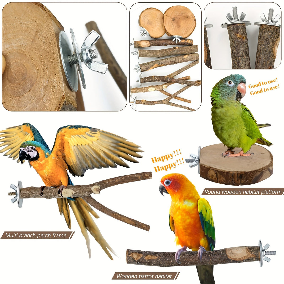 Apple Branch Bird Perch Set 8pcs Natural Wood Parrot Perch Stand Fork Multi-Branch Hanging Platform Hammock Swing Toy for Macaws Conures Parakeets Budgies Finches