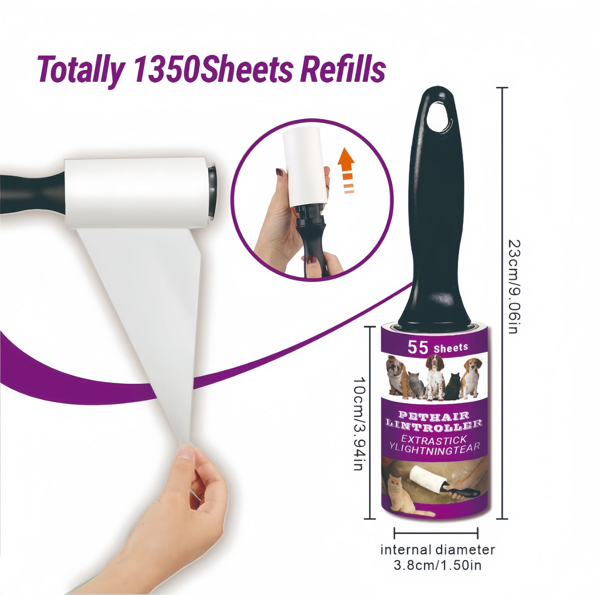 Lint Roller Pet Hair Remover with Refills - Ultra-Sticky Tear-Off Adhesive Roller for Dog & Cat Hair on Furniture, Carpets & Clothing - Portable Pet Lint Roller Set (4, 6, 10 or 15 Piece)