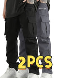 Men's Cargo Pants 2-Pack Multi-Pocket Elastic Waist Drawstring Hiking Trousers Breathable Loose Straight Fit All Season Black Khaki Dark Grey Sizes S-XXL