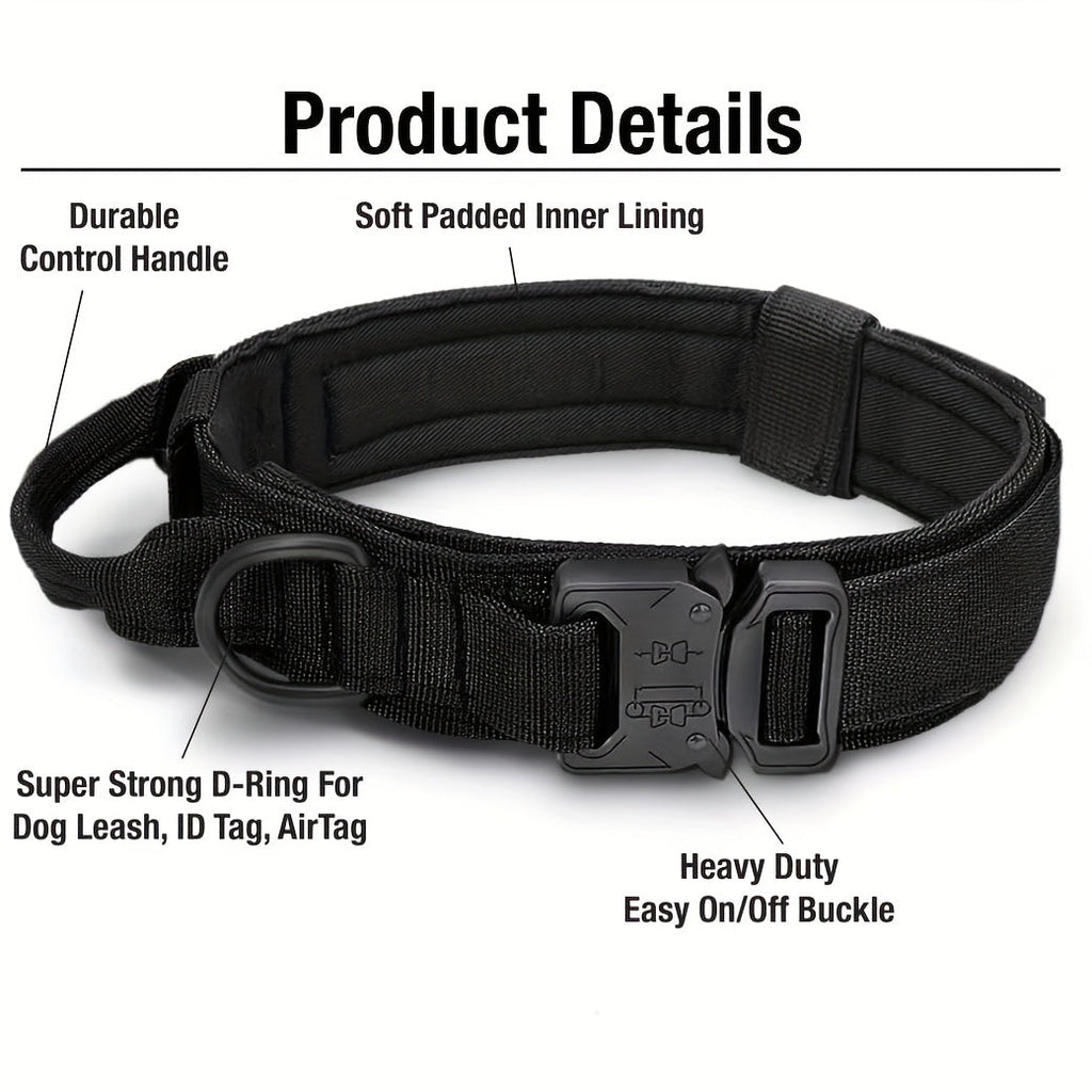 Tactical Dog Collar & Leash Set – Heavy-Duty Adjustable Polyester with Metal Buckle & D-Ring for All Dog Sizes, Military-Style Training Collar and Leash in Black & Khaki, Sizes M & L