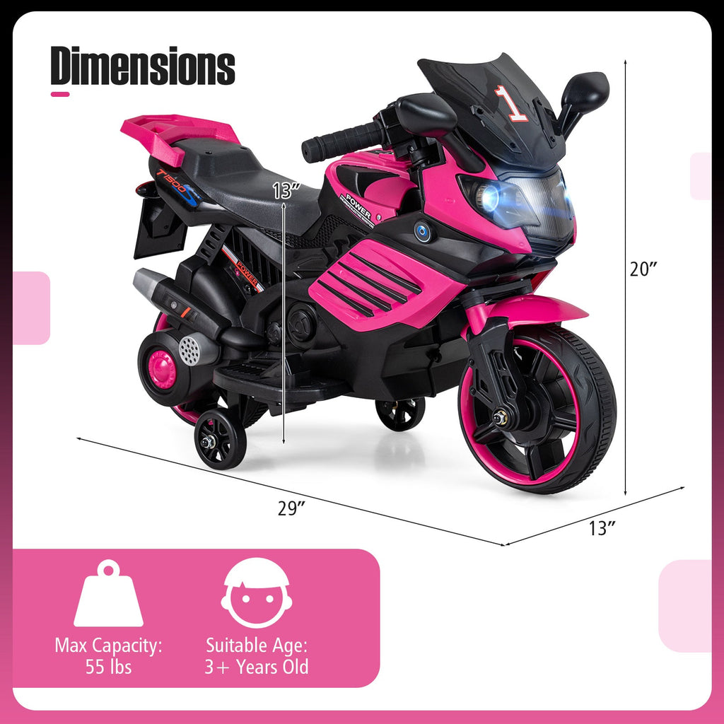 6V Kids Ride On Motorcycle Electric Motorbike with Detachable Training Wheels LED Headlights Music Anti-Skid Wheels Comfortable Saddle Seat Gift for Boys Girls Ages 3 and Up Pink