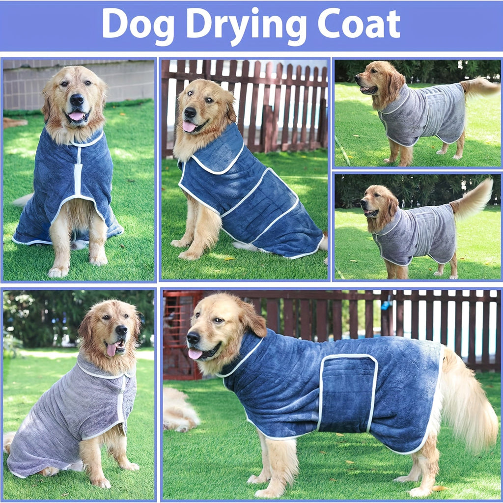 Quick-Dry Super Absorbent Dog Bathrobe Towel Coat for Dogs & Cats – Soft Adjustable Collar & Belly Strap, Fast-Drying Post-Bath Robe, Warm Winter Drying Coat for Small, Medium & Large Pets