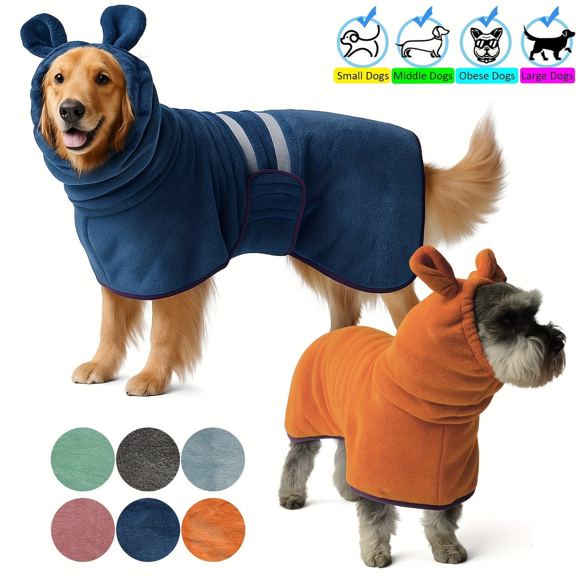 Hooded Dog Bathrobe Super Absorbent Quick-Dry Dog Robe with Hood Cozy Post-Bath Drying Coat Dog Pajamas XS S M L XL XXL 3XL 6 Colors Deep Blue Pink Green Light Blue Orange Grey