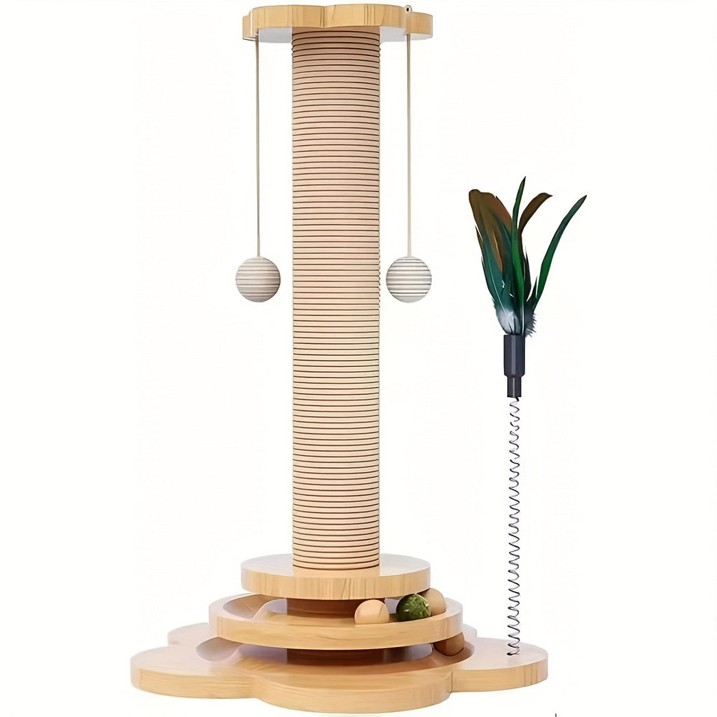4-in-1 Cat Scratching Post with Sisal, Feather Toy, Dual-Layer Ball Track & 6 Wooden Toy Balls – Anti-Tip Solid Wood Activity Center for Indoor Cats, Kittens & Multi-Cat Households