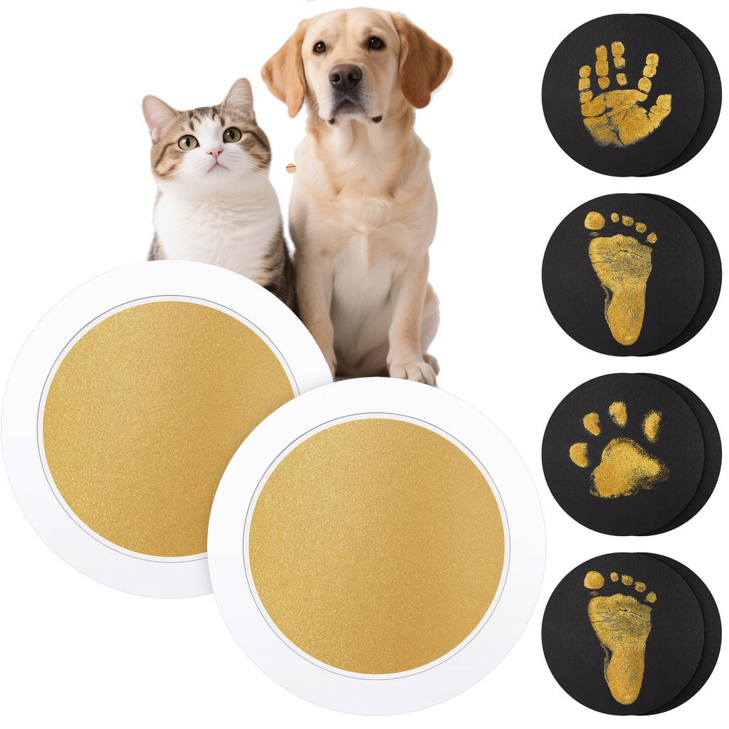 Round Pet Paw Print Kit 2 Boxes 4 Prints - Non-Contact Dog and Cat Paw Print Keepsake Set, 4.33 Inch Personalized Paw Print Souvenir, Pet Owner Keepsake Craft Kit, Gold and Black