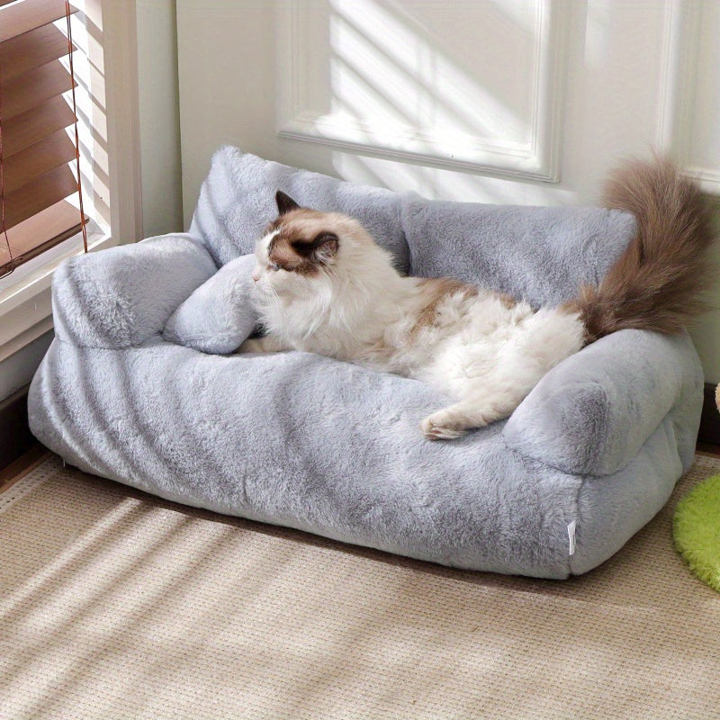 Small Pet Sofa Bed with Pillow for Cats & Dogs - Cozy Plush Kitten Puppy Nest Couch, Removable Machine Washable Cover, Non-Slip Bottom, All-Season Dual-Purpose Cat Dog Sofa Bed 21.65x14.96x7.87 Inch