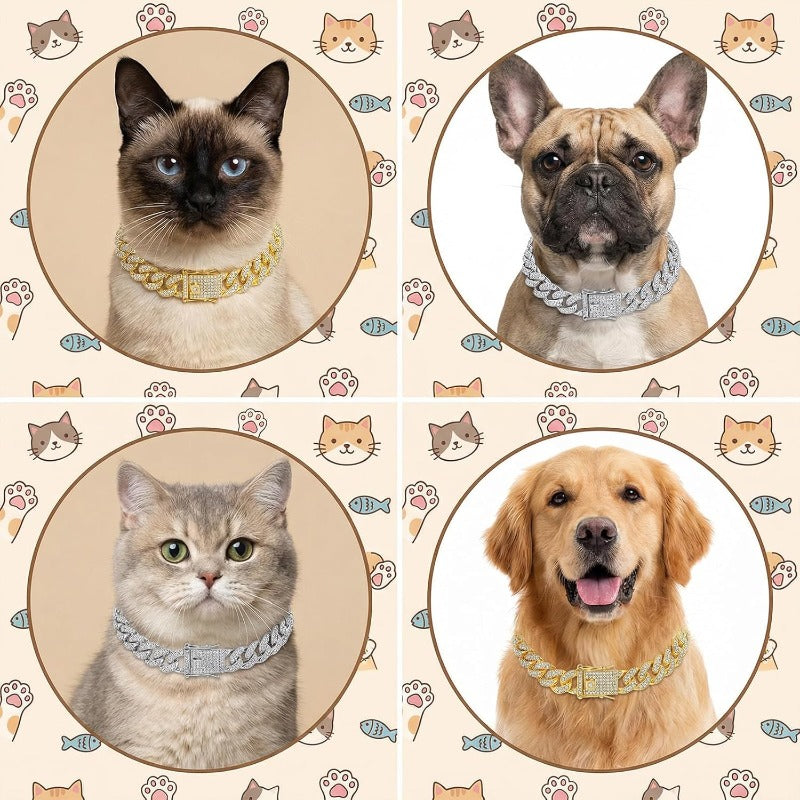 2-Pack Cuban Link Cat Chain Collar Set, Gold & Silver Adjustable Metal Pet Necklace for Cats & Small Dogs, Lightweight Bling Cat Collar Chain, Fashion Pet Jewelry Accessory for Cats