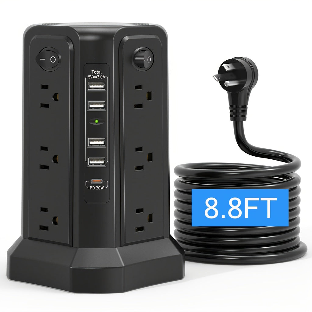Power Strip Tower 16 AC Outlets 5 USB Ports USB-C PD20W 1500J Surge Protector Flat Plug Desktop Extension Cord