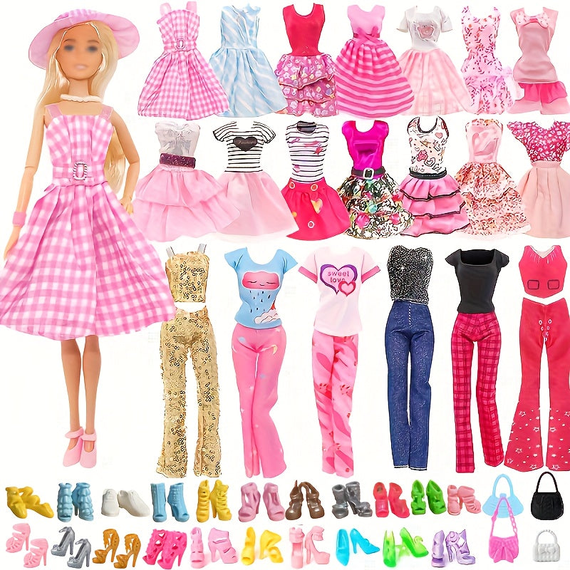 20pcs Fashion Doll Clothes and Accessories Set for 11.5-12 Inch Dolls - 5 Dresses 3 Tops 3 Pants 7 Pairs Shoes 2 Bags, Random Style Doll Outfit Gift for Girls, Christmas Birthday Present, Doll Not Included