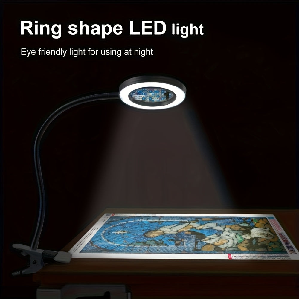 Diamond Painting Magnifier LED Clamp Lamp 10X Hands-Free 5V USB 3 Color Modes 10 Brightness Levels 18'' Flexible Gooseneck for Crafts Sewing Jewelry Making Embroidery Reading Hobby Desk Light