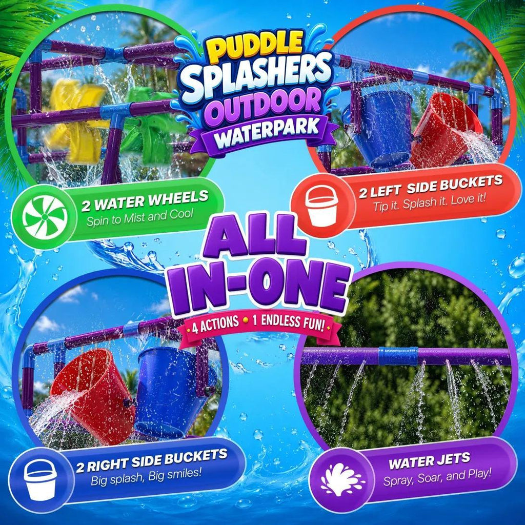 Backyard Waterpark Sprinkler Set for Kids & Family, 68"x37"x76" Outdoor Water Play Structure with 4 Dump Buckets & 2 Spinning Splash Wheels - Garden Hose Splash Pad, Summer Water Toy for Backyard Party