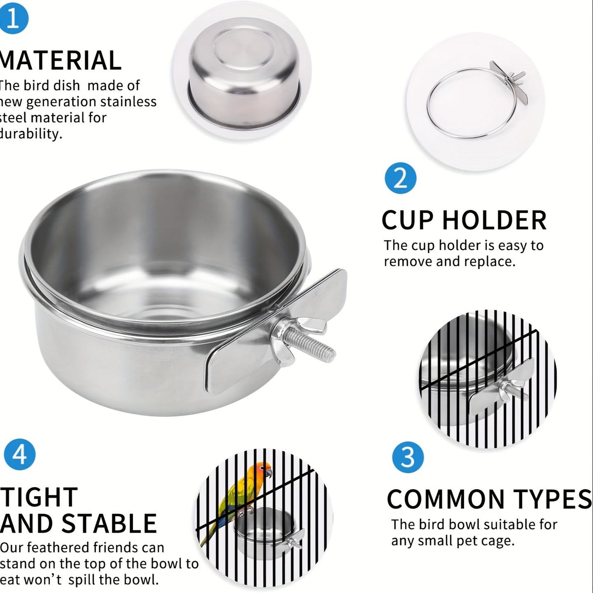 Bird Cage Feeder & Water Bowl Set – 2-Pack Parrot Food Water Bowls with Clip-On Bracket, Sturdy Plastic Bird Feeder Cups for Parakeets Cockatiels Canaries & Small Pet Birds