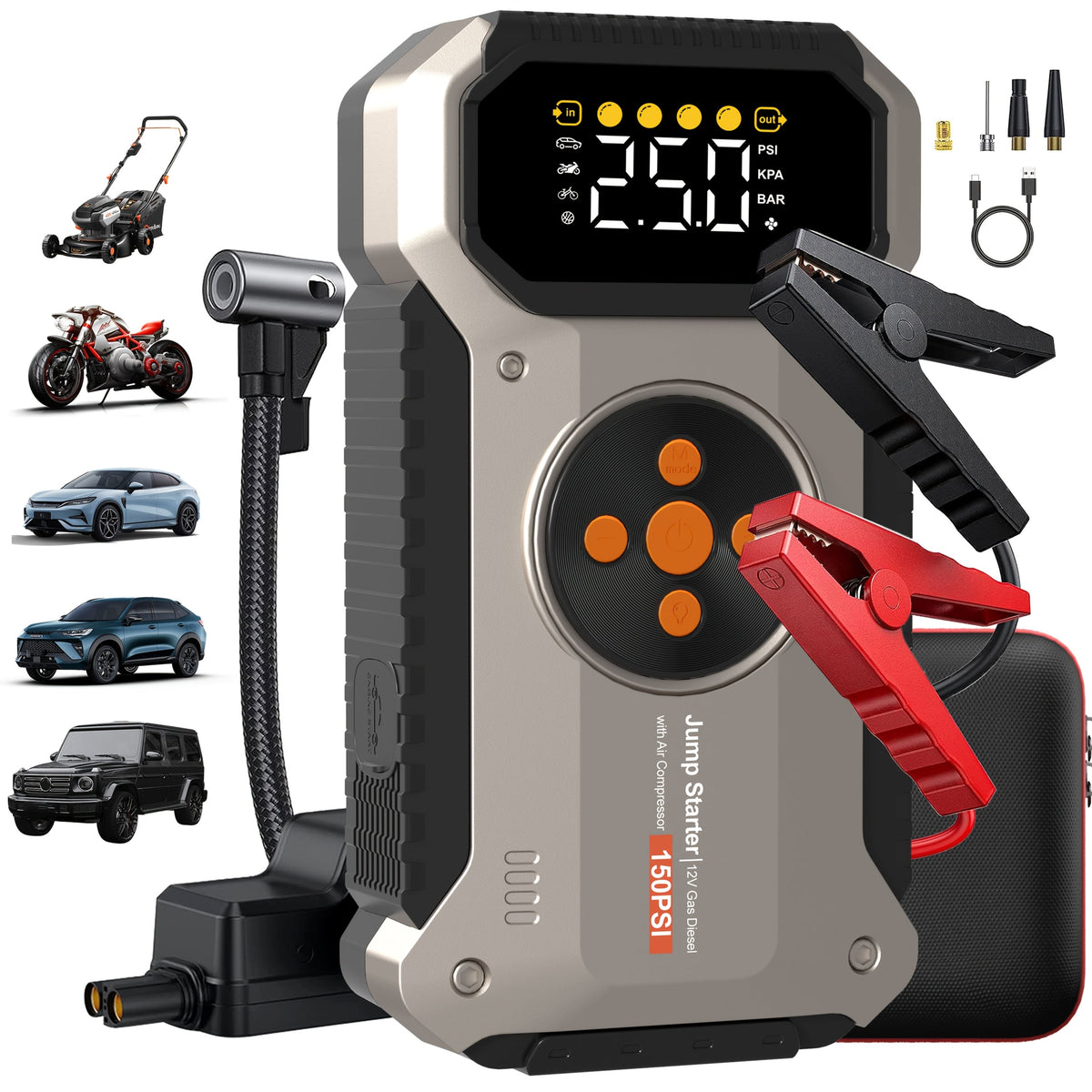 4000A Car Jump Starter with Air Compressor & Tire Inflator – All-in-One Portable Battery Booster for Gas & Diesel Engines, LED Light USB Power Bank Digital Display, Compact Emergency Car Starter