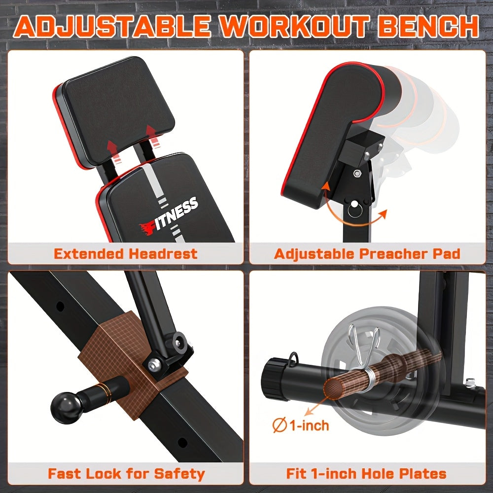 Foldable 6-in-1 Adjustable Weight Bench for Home Gym – 770 LBS Capacity, Flat Incline Decline, Resistance Bands, Preacher Curl Pad & Leg Developer, Full Body Strength Training Equipment