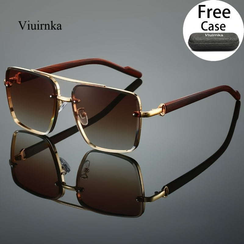 Square Fashion Glasses with Wood Grain Temples for Men Women – Double Beam Retro Design Gradient Lens Sunglasses Unisex for Driving Travel Street Photography Gift with Case