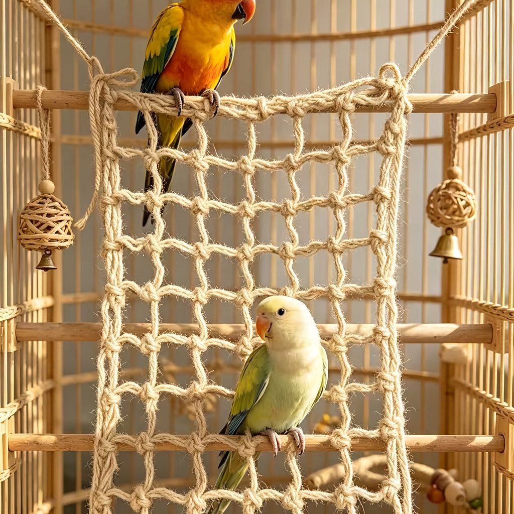 Bird Climbing Net 2-Pack - Hemp Rope Mesh Ladder for Bird Cages, Bite-Resistant Perch Climbing Toy for Parakeets, Parrots & Small Birds, 7.87 x 11.81 Inch Each