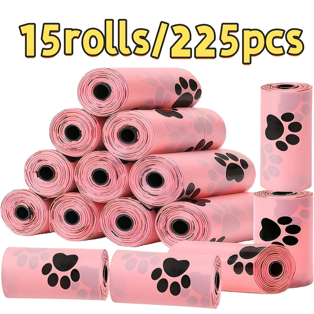 Dog Poop Bags with Paw Print Design – 15 Rolls/225 Count Thickened Leak-Proof Disposable Pet Waste Bags for Dogs & Cats, Easy Tear-Off Rolls, Portable for Walks & Outdoor Cleanup, Pink Cat Paw