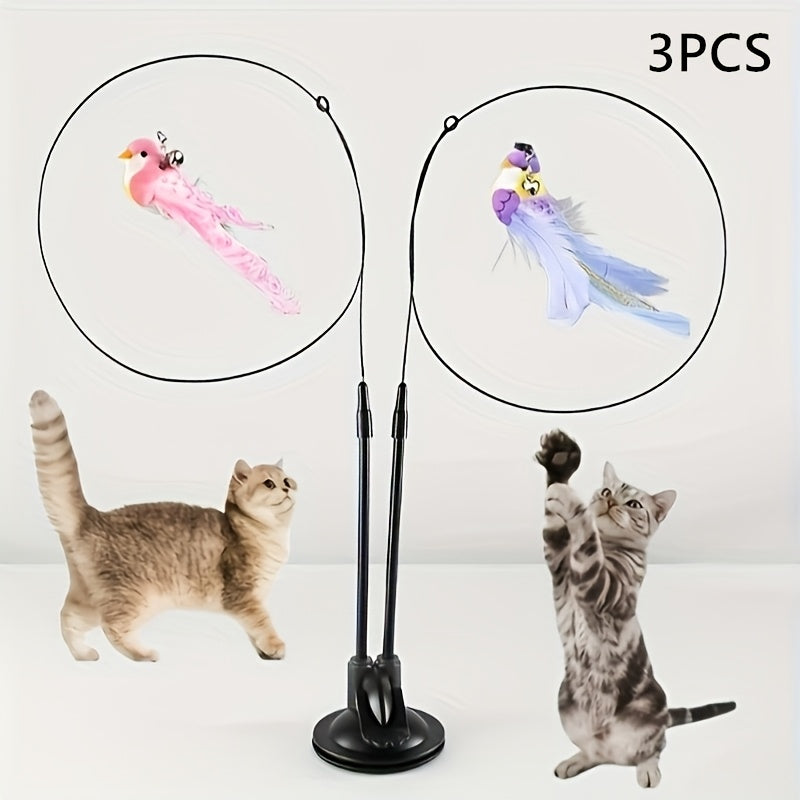 Cat Teaser Toy Set 3pc - Simulated Bird Feather Wand with Double Rod Strong Suction Cup and Bell for Interactive Training Boredom Relief - No Battery Indoor Cat Toy Nylon Feathers Random Color