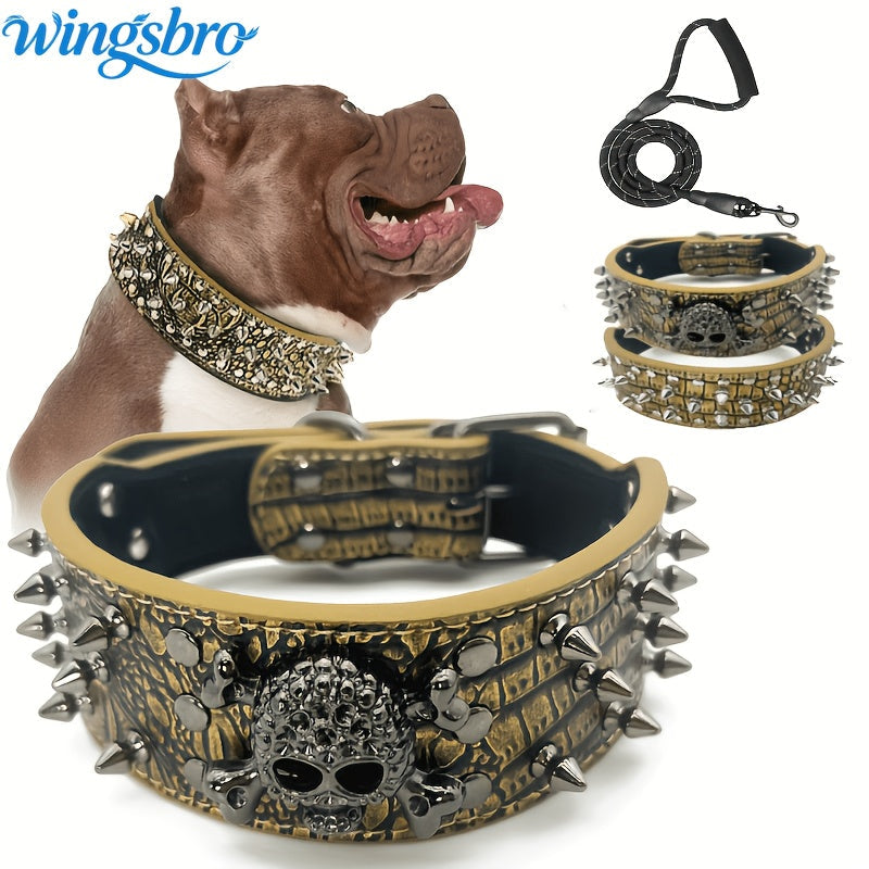 Spiked Studded Dog Collar with Leash Set – Rivet PU Leather Dog Collar for Training & Walking, Punk Rock Style Collar for Small Medium Large Dogs, Adjustable Heavy Duty with Metal Buckle