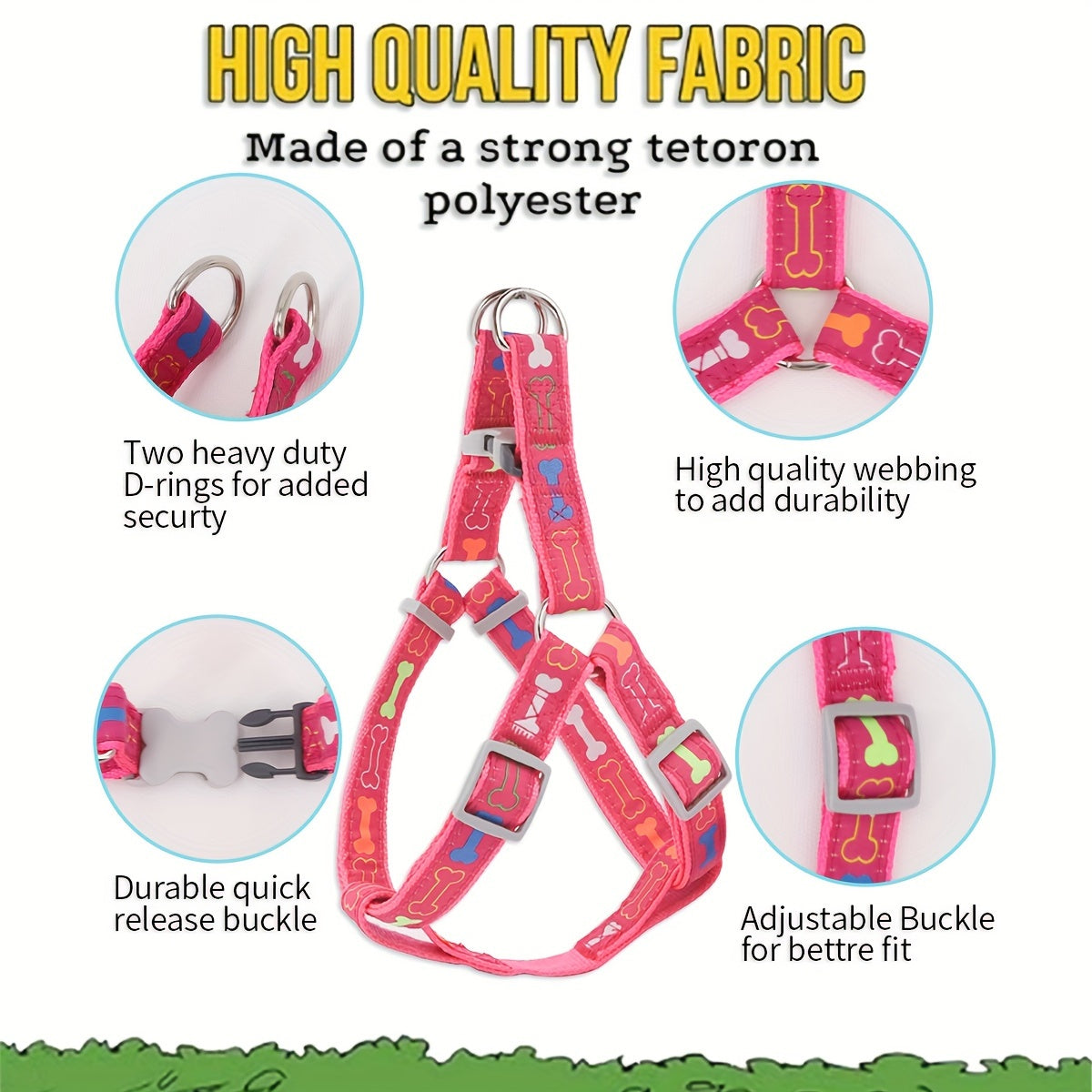 Dog Harness and Leash Set with Bone Pattern - No Pull Triangle Chest Back Vest Harness for Small Medium Large Dogs, Indoor Outdoor Walking, Pink Black Blue Grey, S M L