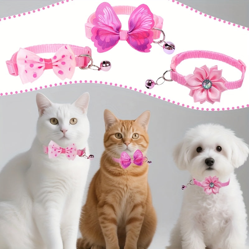 Floral Cat Collars with Bell & Bow Tie 3-Pack - Adjustable Pink & White Polyester Pet Collars for Cats & Small Dogs, Cute Breakaway-Style Kitten Collar Set with Decorative Bell and Bow Knot Accent