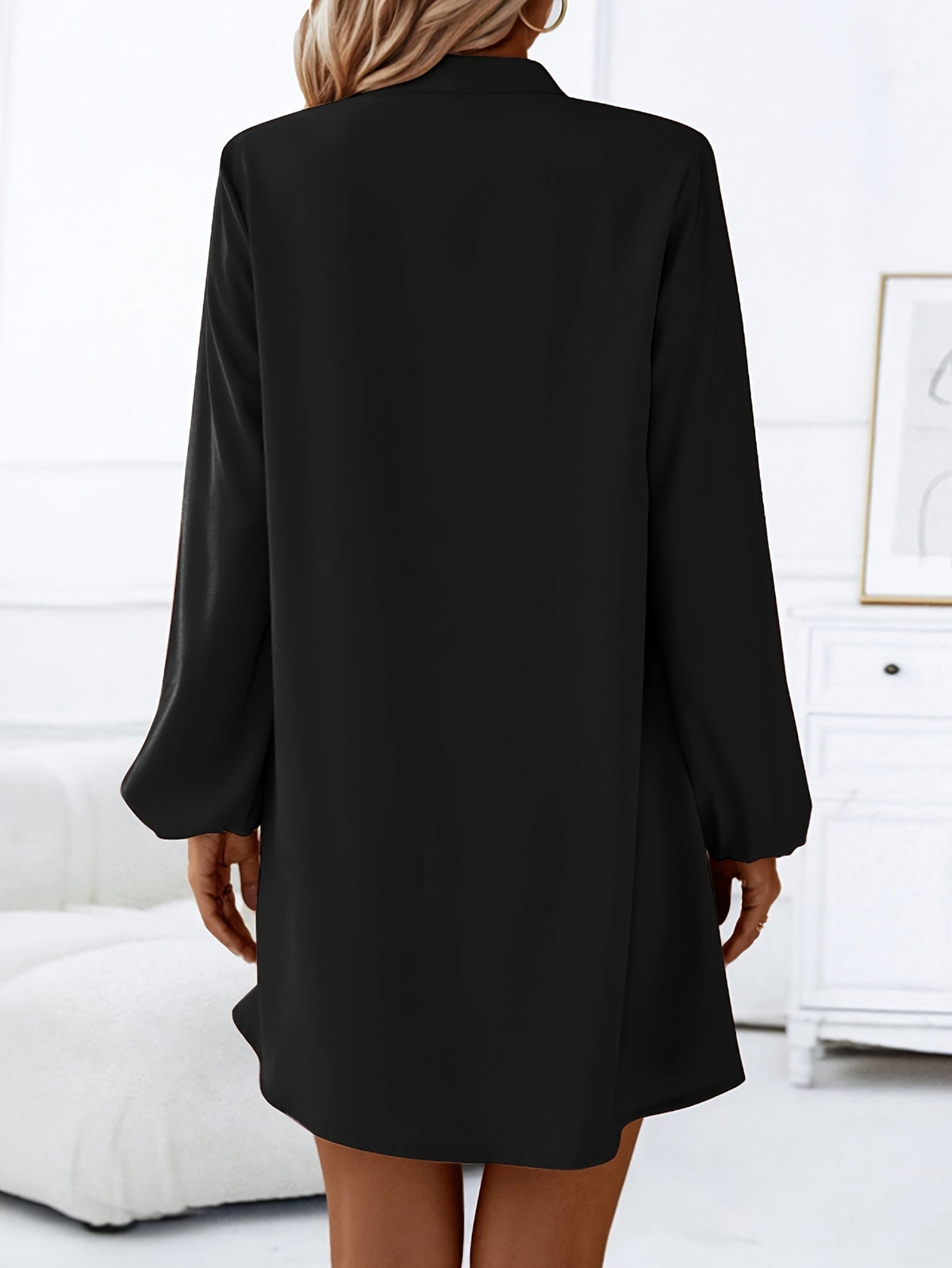 Women's V-Neck Long Sleeve A-Line Flared Dress Elegant Solid Color Single-Breasted Midi Dress for Spring Summer Party Casual