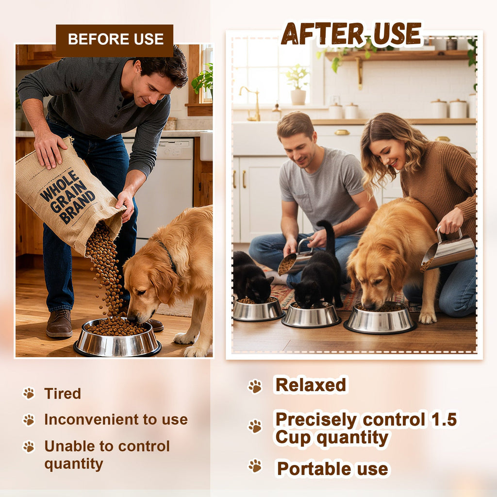 Stainless Steel Dog Food Scoop 2-Piece Set - 1.5oz & 12oz Durable Metal Pet Food Cup with Ergonomic No-Slip Grip Handle, Rust-Resistant Easy-Clean Dog & Cat Food Measuring Scoop for Kibble & Feed Buckets