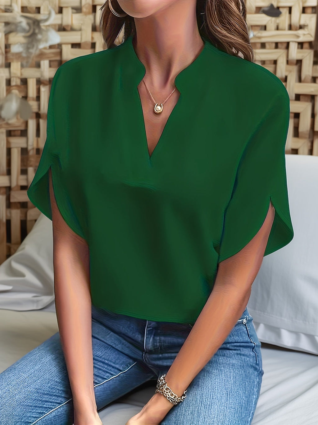Women's V-Neck Batwing Sleeve Blouse Loose Fit Solid Color Pullover Top - Casual Commuter Style for Spring Summer Fall | Lightweight Breathable Shirt