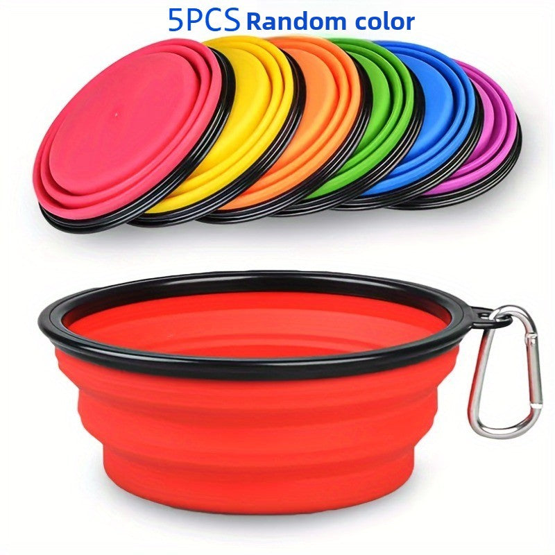 Foldable Pet Travel Bowls 5-Pack – Portable Collapsible Dog & Cat Food Water Bowls with Hanging Hook & Easy-Grip Handle for Camping, Hiking & Home Use, Random Colors