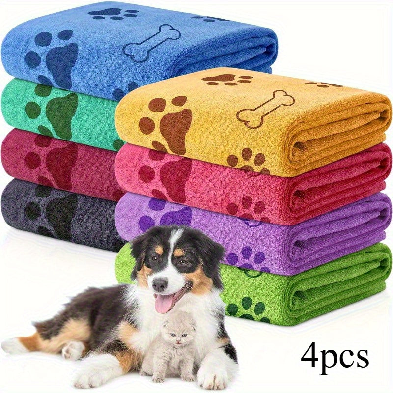 Quick-Dry Dog Towels 4pcs – Soft Absorbent Paw Print Microfiber Pet Bath Towel Set for Medium Dogs, Grooming & Bathing Towels, Random Assorted Colors