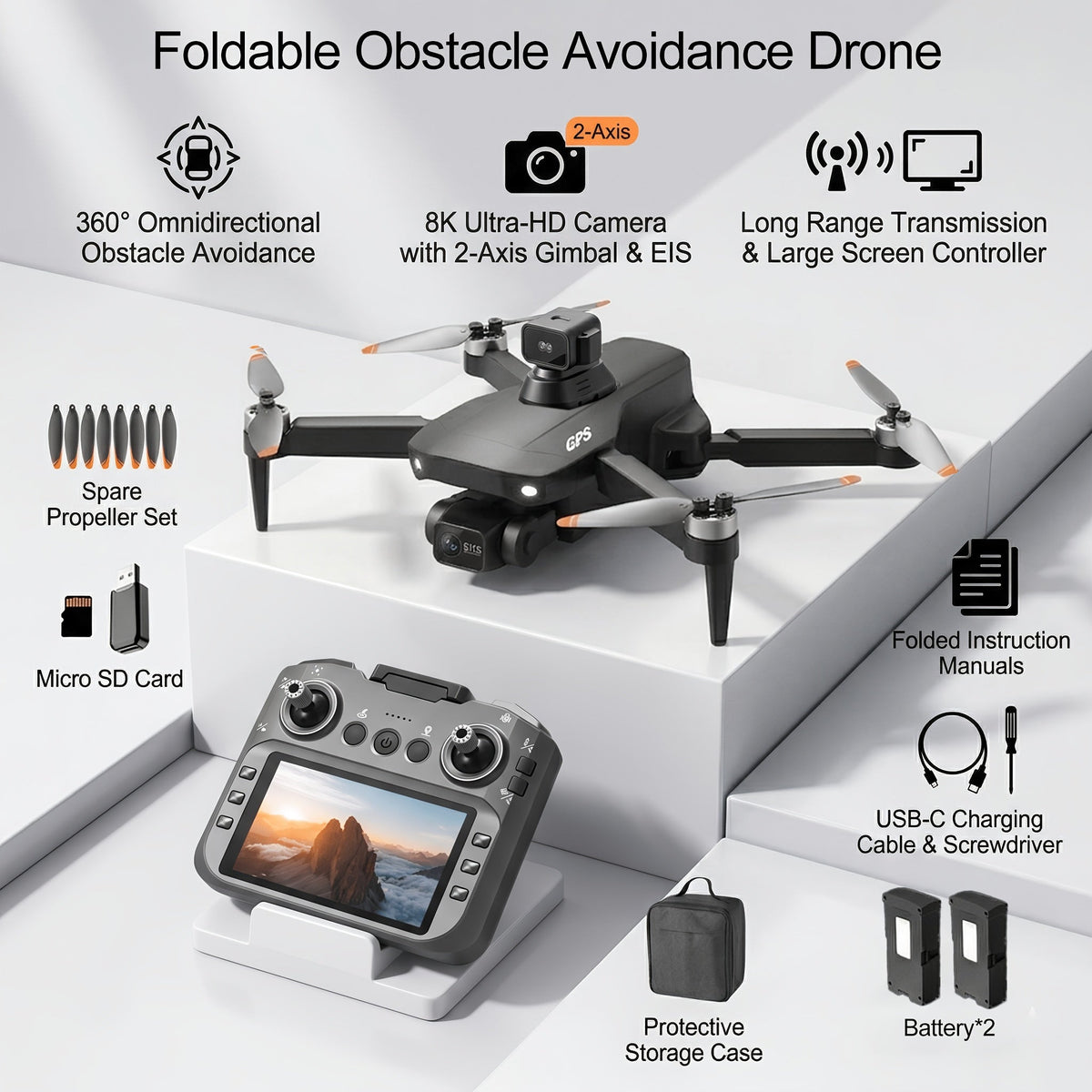 8K EIS Brushless Drone with 360° Obstacle Avoidance, 5G Dual-Mode Transmission, 50-Minute Battery, Screen Remote Control – Wind-Resistant GPS Quadcopter for Adults Aerial Photography