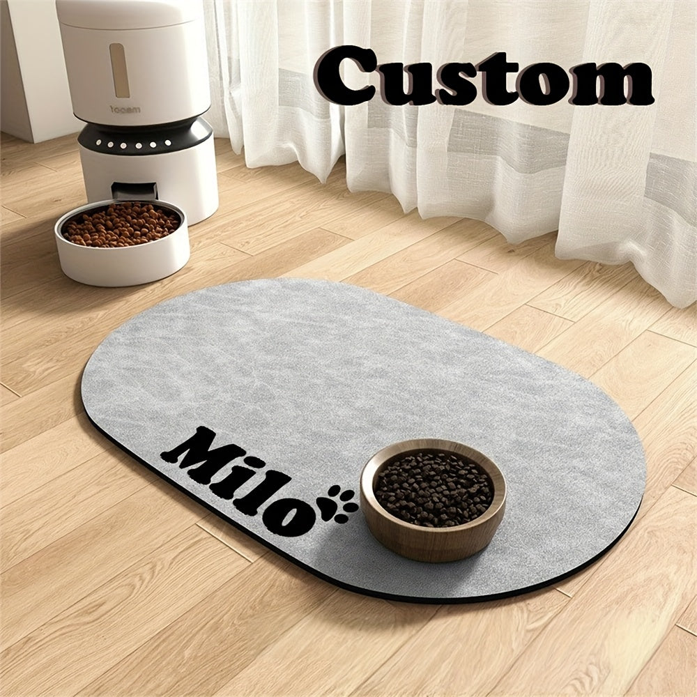Personalized Quick-Dry Pet Feeding Mat with Non-Slip Rubber Base - Custom Name, Minimalist Dark Grey Design for Dogs & Cats, Indoor Use, Great Gift for Pet Owners