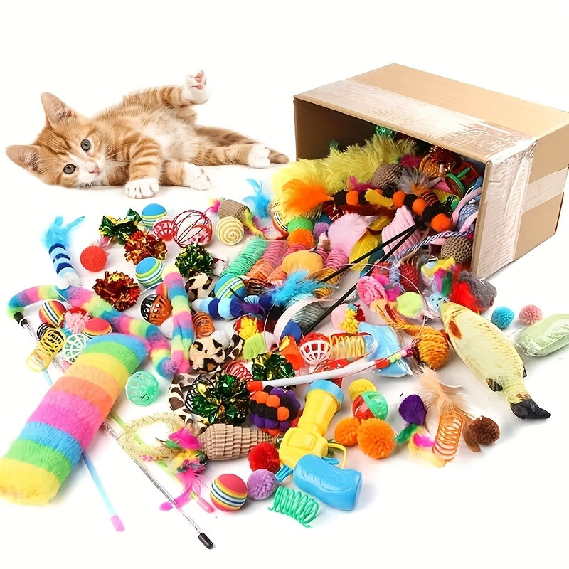 Cat Toy Mixed Bag 100 Pack - Random Variety of Plastic & Plush Toys with Feathers for Cats, Multi-Cat Household Interactive Self-Entertainment Toy Assortment, Kitten Play Set