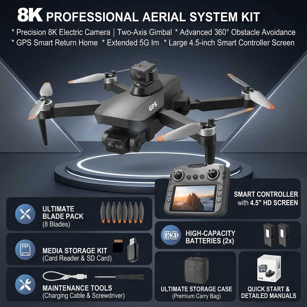 Pro 8K EIS Drone with 2-Axis Mechanical Gimbal, Optical Zoom, 5G Transmission, 4.5" Screen Remote, 40-Min Battery Life, 11811ft Control Range – Professional Aerial Camera Drone for Adults