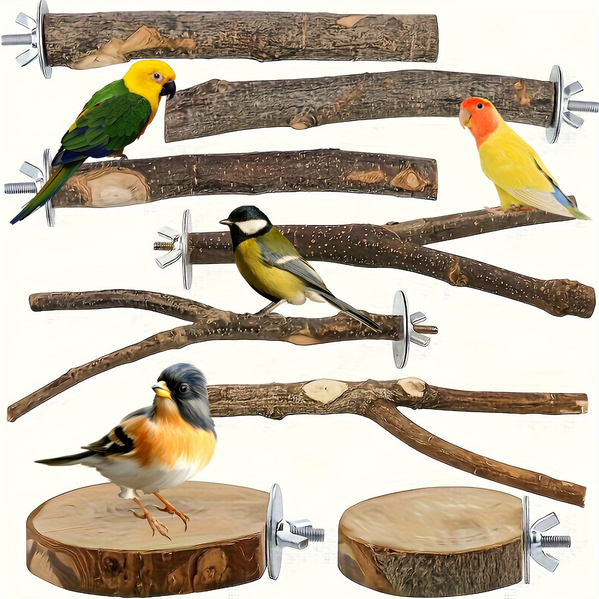 Apple Branch Bird Perch Set 8pcs Natural Wood Parrot Perch Stand Fork Multi-Branch Hanging Platform Hammock Swing Toy for Macaws Conures Parakeets Budgies Finches