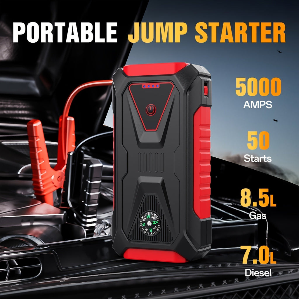 5000A Peak Jump Starter 12V Portable Car Battery Starter for Gas & Diesel Engines – LED Flashlight, SOS Light, Safety Hammer, Compass & USB Power Bank, 74WH Lithium Battery
