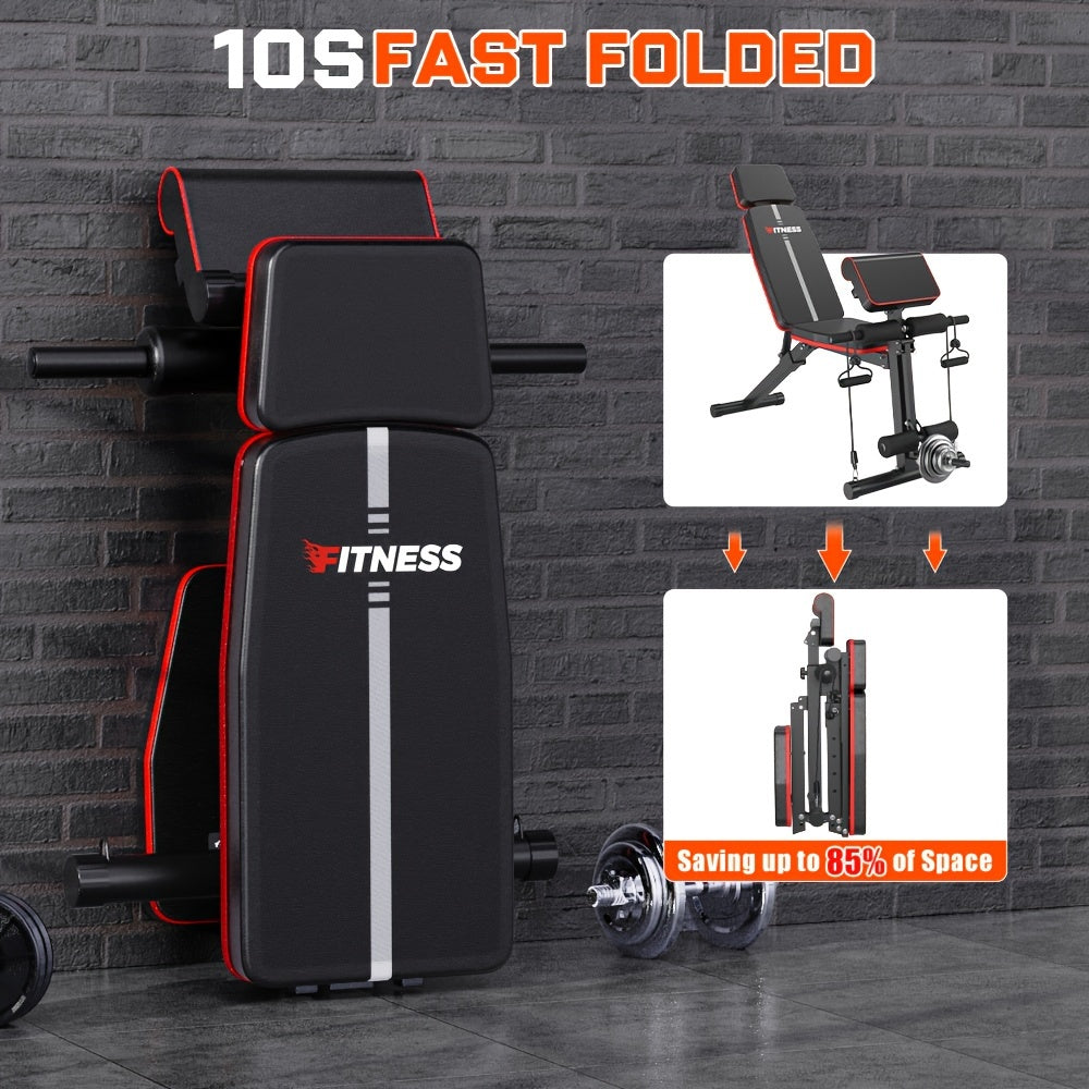 Foldable 6-in-1 Adjustable Weight Bench for Home Gym – 770 LBS Capacity, Flat Incline Decline, Resistance Bands, Preacher Curl Pad & Leg Developer, Full Body Strength Training Equipment