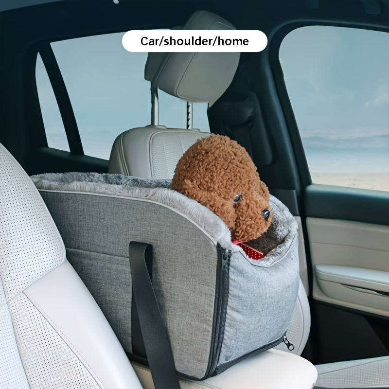 Pet Car Center Console Armrest Bed & Nest - Removable Dog Cat Car Bed with Detachable Handbag, All-Season Small Pet Carrier for Car Console, Grey & Black, Cozy Travel Companion
