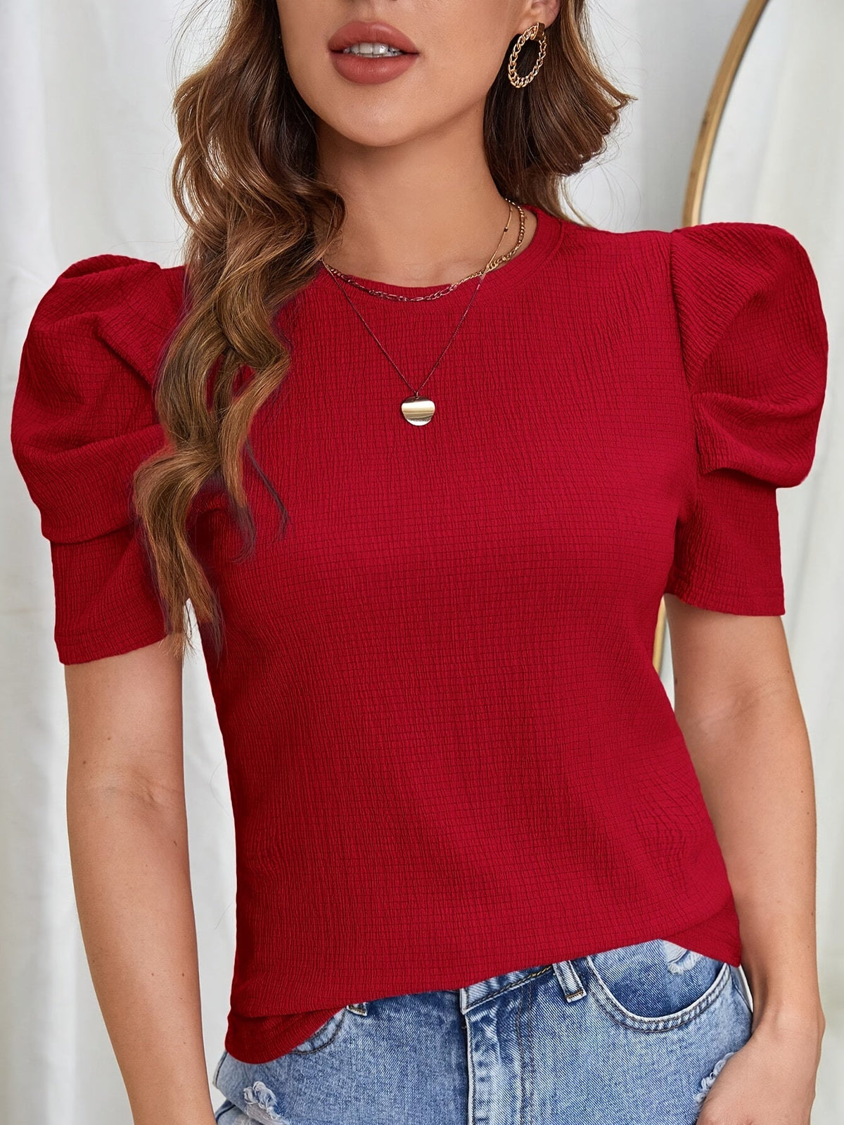 Women's Puff Sleeve T-Shirt - Elegant Ruffled Shoulder Round Neck Short Sleeve Solid Color Casual Top, Regular Fit All-Season Machine Washable Blouse, Green Red Blue, Sizes S-XXL, Versatile Everyday Wear