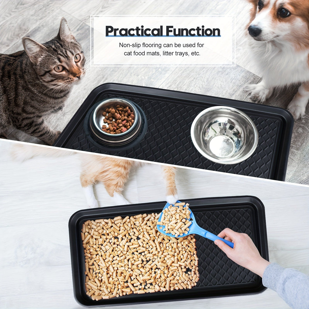 Waterproof Dog Feeding Mat 6pc - Anti-Slip Pet Food Bowl Mat Tray 30x15x1.2 Inch for Dogs Cats Indoor Outdoor Floor Protection - Multi-Purpose Boot Tray Shoe Mat Black