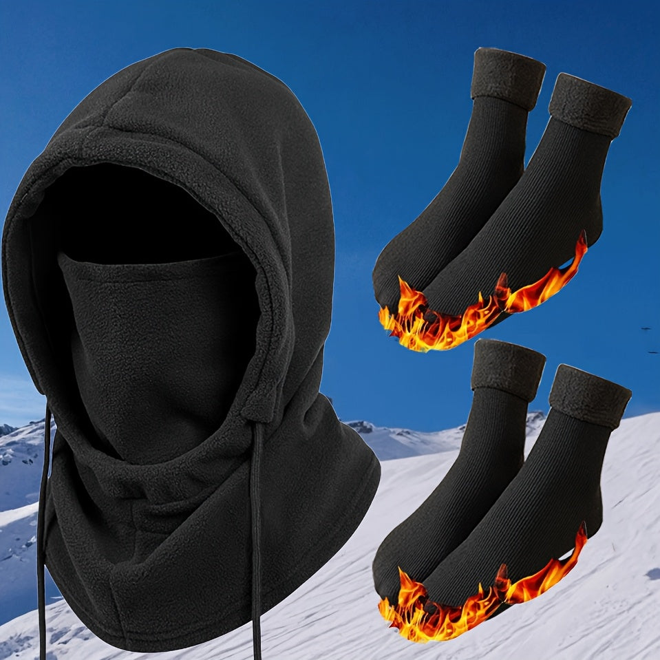 Winter Thermal Set 3/4pcs Windproof Face Mask Touchscreen Gloves Thick Fleece Socks Cold Weather Gear for Snowboarding Skiing Hiking Ice Fishing – Lightweight Warm Outdoor Accessories Bundle