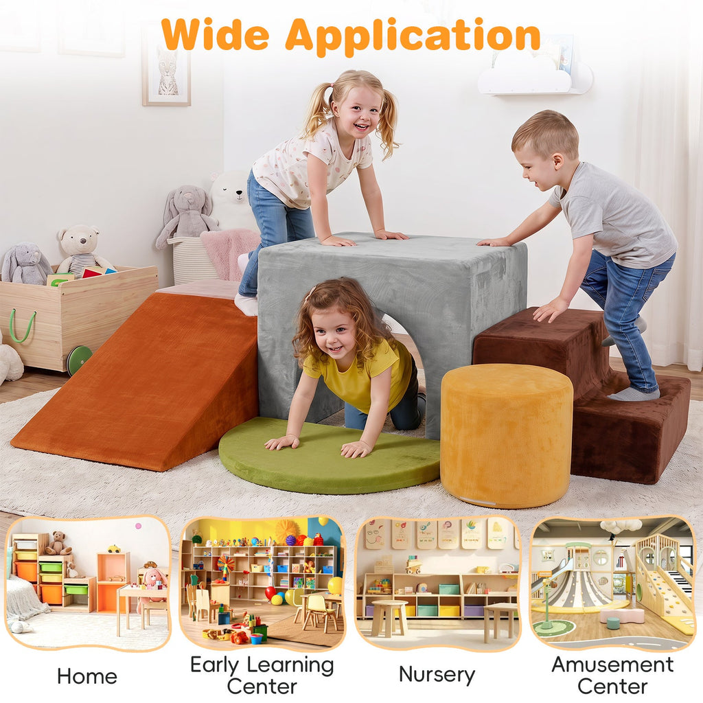 Foam Climbing Blocks for Toddlers 6-Piece Set - Soft Velvet Indoor Climb & Crawl Activity Playset with Slide, Arch, Tunnel & Stairs | Lightweight Stackable Sensory Play Structures for Kids Ages 3+