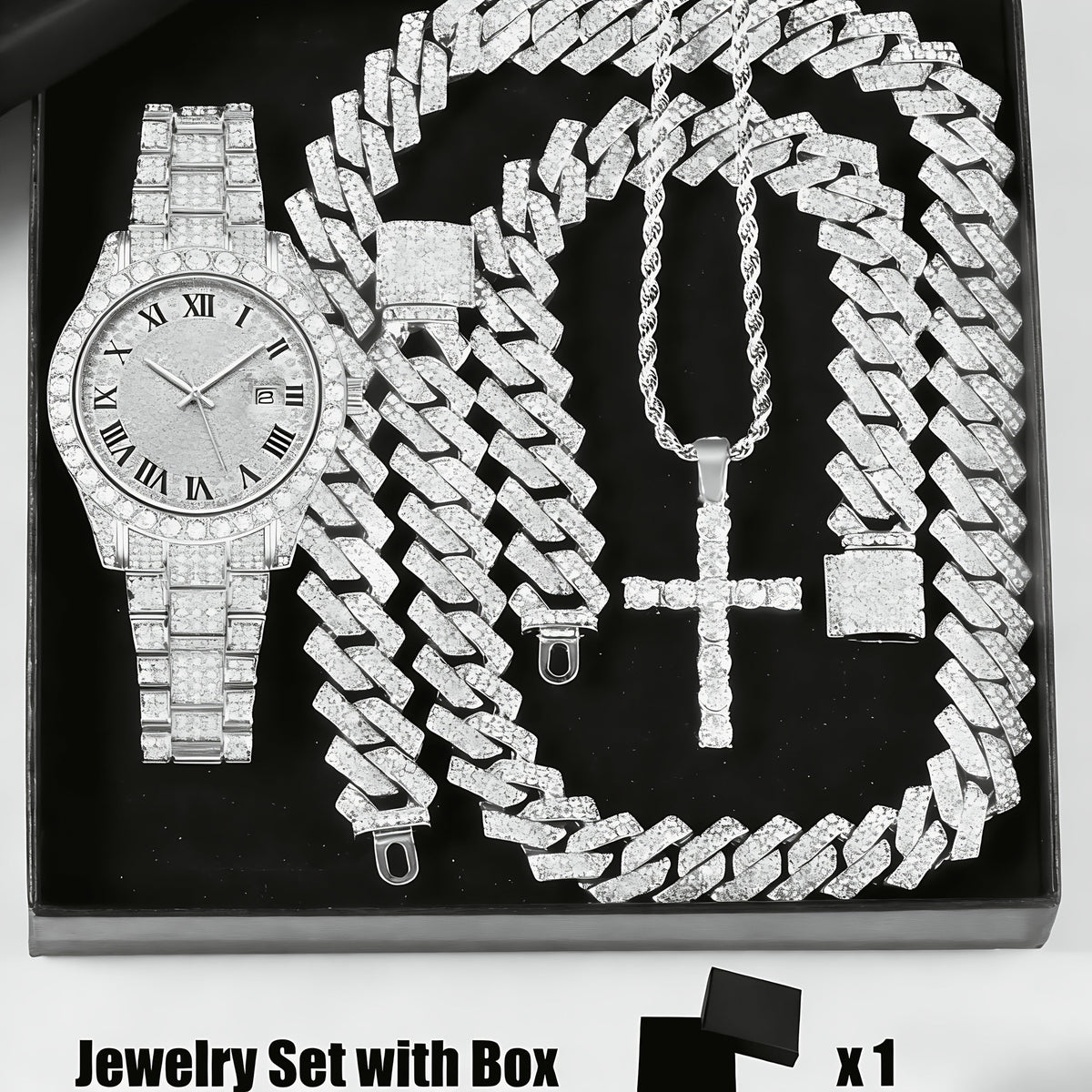 4pcs Rhinestone Watch & Cross Pendant Jewelry Set Quartz Analog Wrist Watch Necklace Bracelet Earrings Unisex Gift for Him Her Wedding