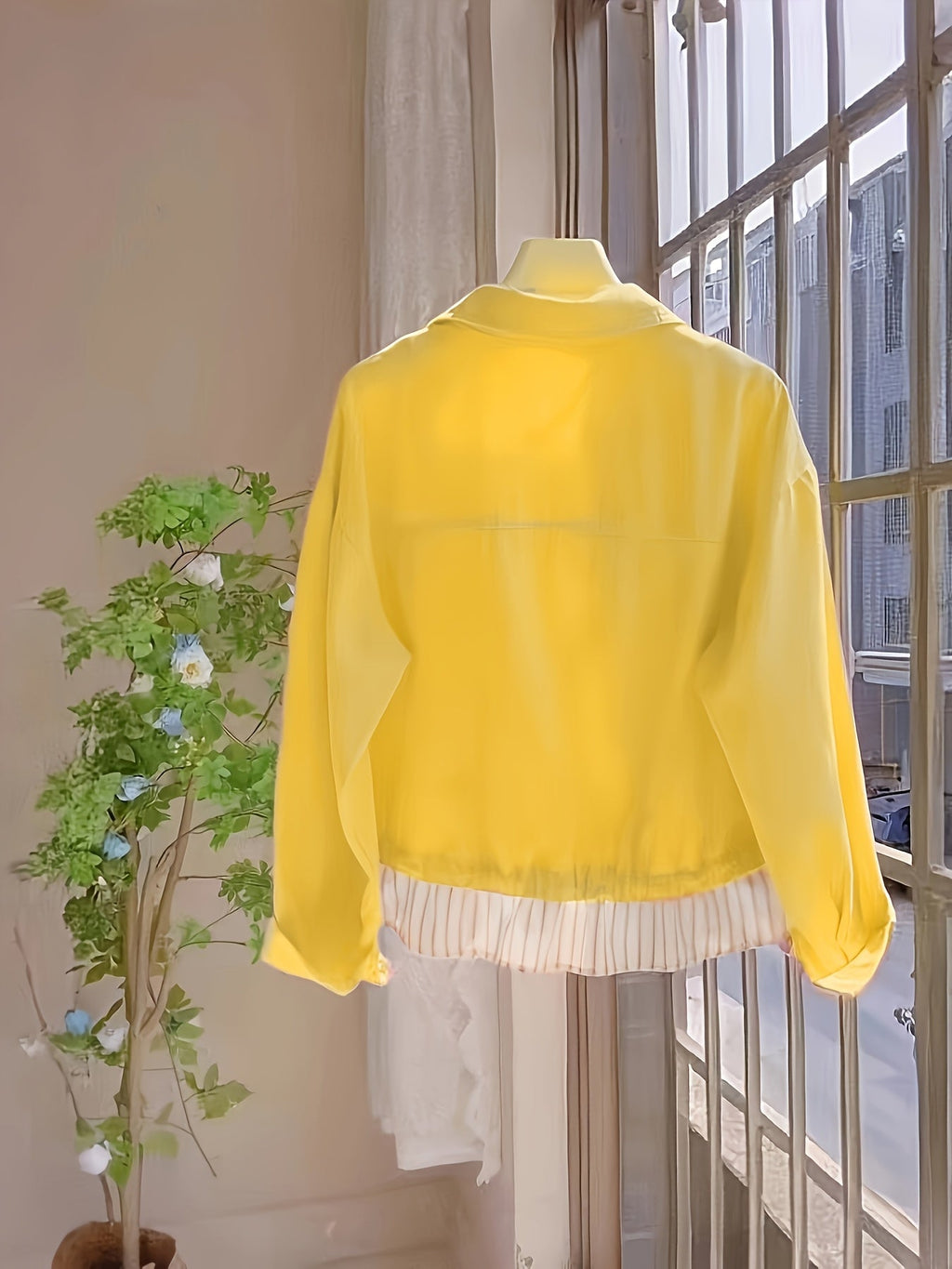 Women's Striped Patchwork Top Lapel Collar Chic Woven Blouse Spring Fall Fashion Shirt Red Yellow Black S-XXL