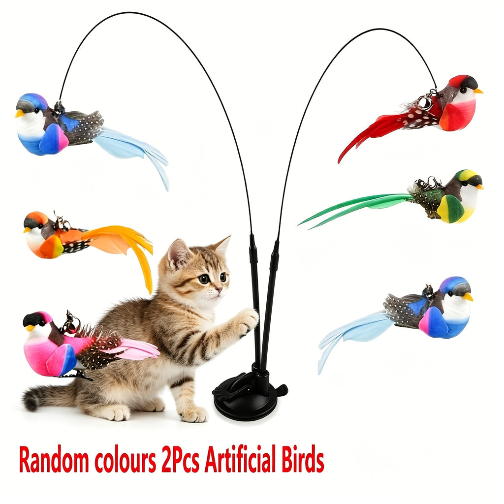 Interactive Cat Feather Bird Teaser Toy with Suction Cup Base – Hands-Free Double Rod Cat Wand Toy, Battery-Free Indoor & Outdoor Cat Toy, Non-Toxic Polyester, 2 Artificial Birds Included, Mixed Colors