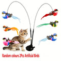Interactive Cat Feather Bird Teaser Toy with Suction Cup Base – Hands-Free Double Rod Cat Wand Toy, Battery-Free Indoor & Outdoor Cat Toy, Non-Toxic Polyester, 2 Artificial Birds Included, Mixed Colors